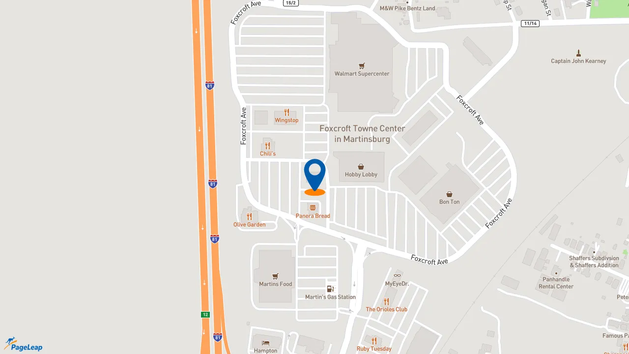 https://pageleap.com map showing location of Firehouse Subs Foxcroft Towne Center in Martinsburg.