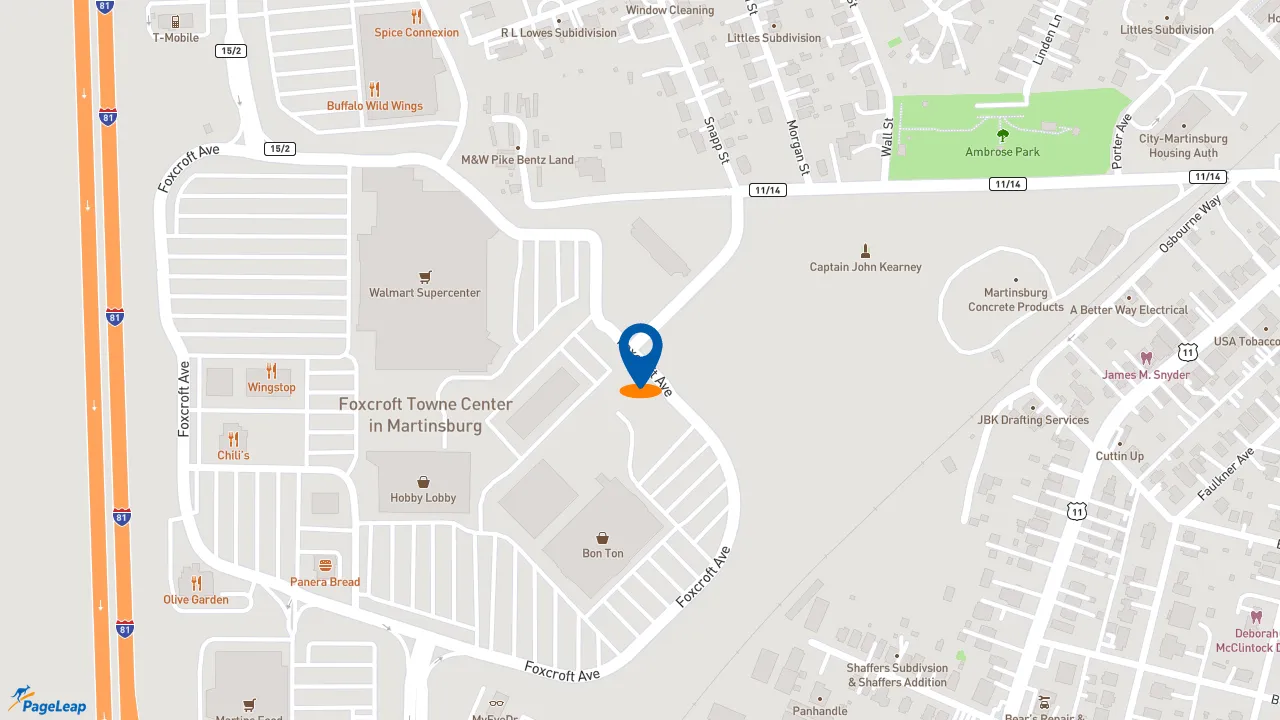 https://pageleap.com map showing location of Firehouse Subs Foxcroft Towne Center in Martinsburg.