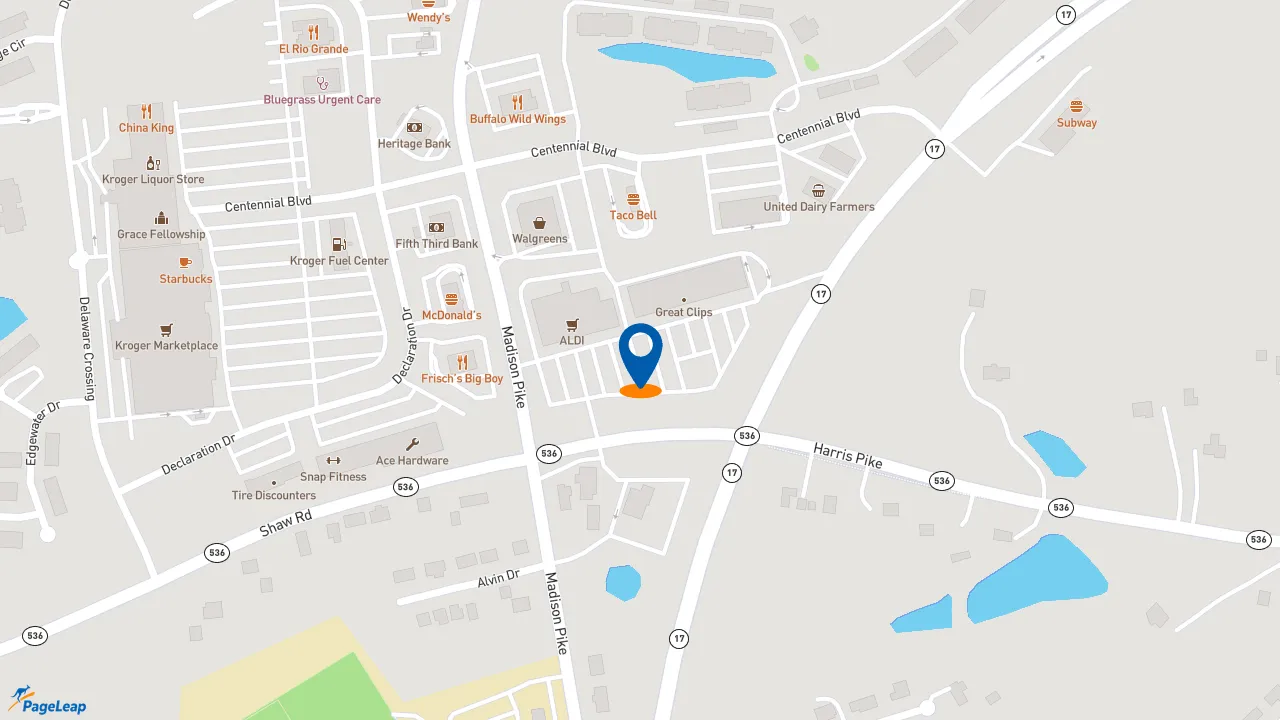 https://pageleap.com map showing location of Firehouse Subs Harris Pike in Independence.