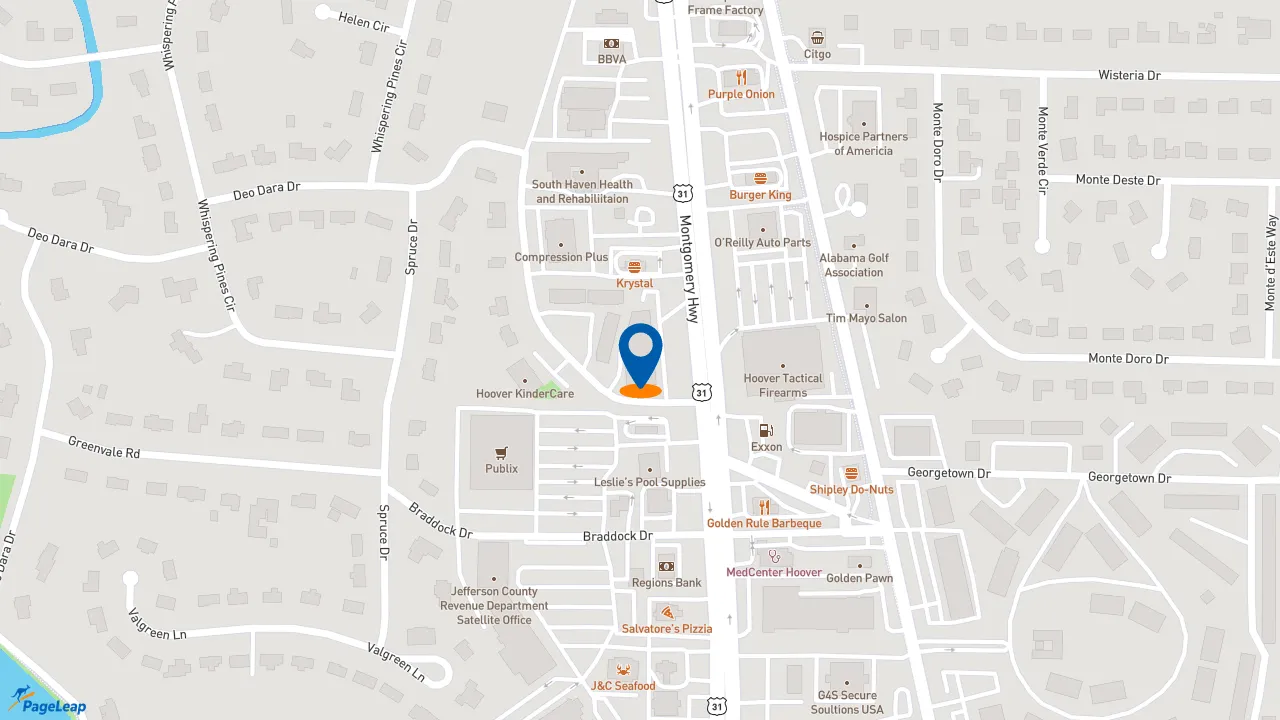 https://pageleap.com map showing location of Firehouse Subs Hoover Village in Hoover.