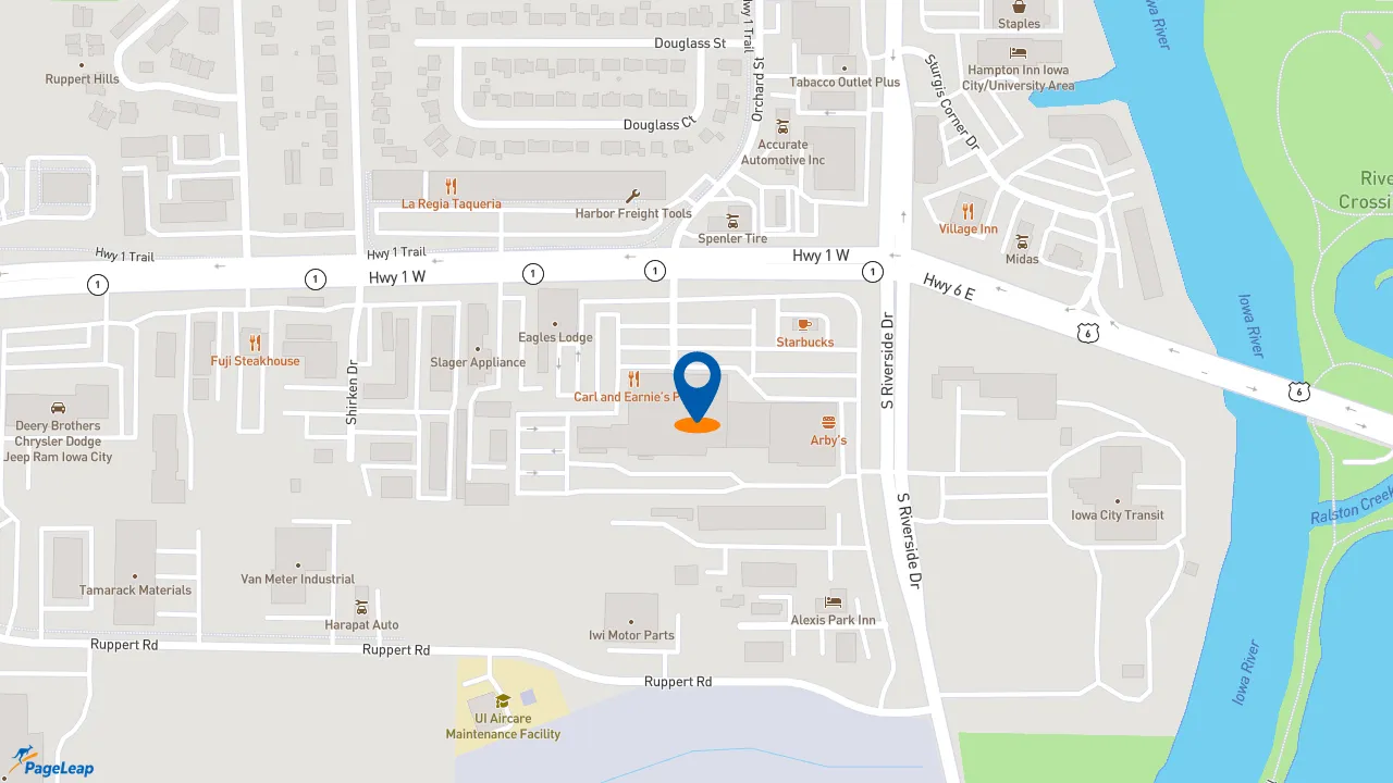 https://pageleap.com map showing location of Firehouse Subs HWY One IC in Iowa City.