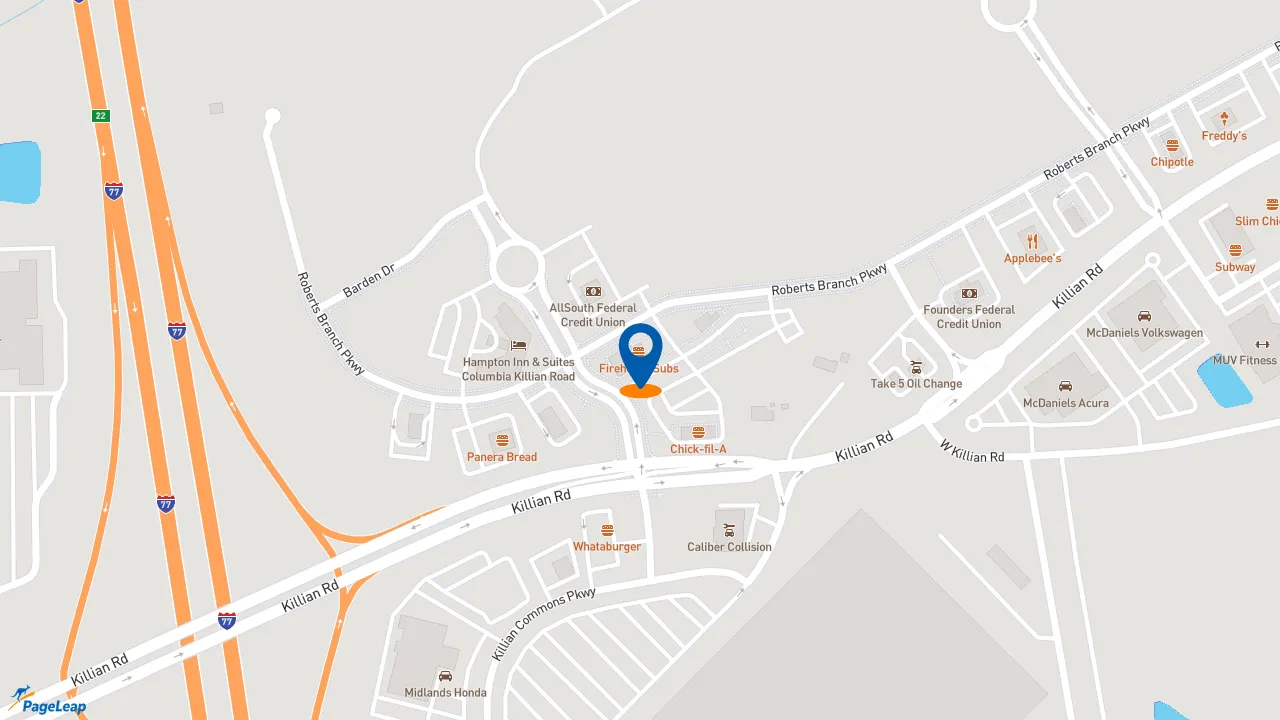 https://pageleap.com map showing location of Firehouse Subs Killian Crossing in Columbia.