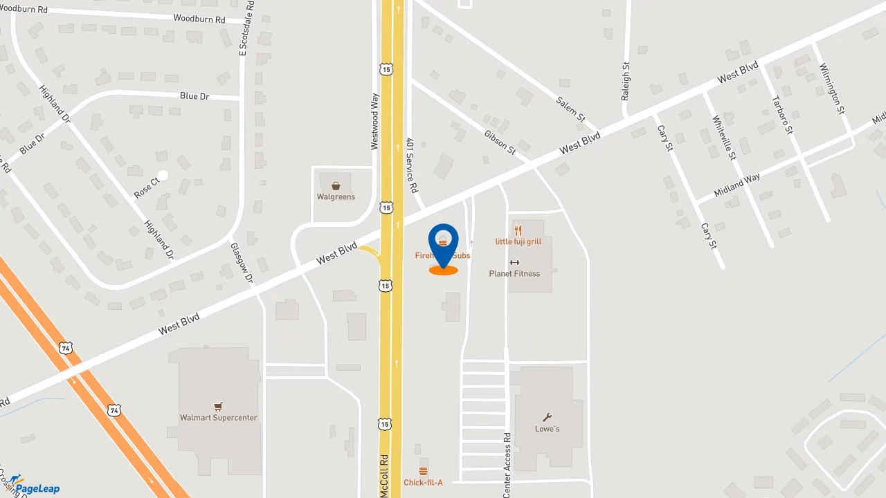 https://pageleap.com map showing location of Firehouse Subs Laurinburg in Laurinburg.