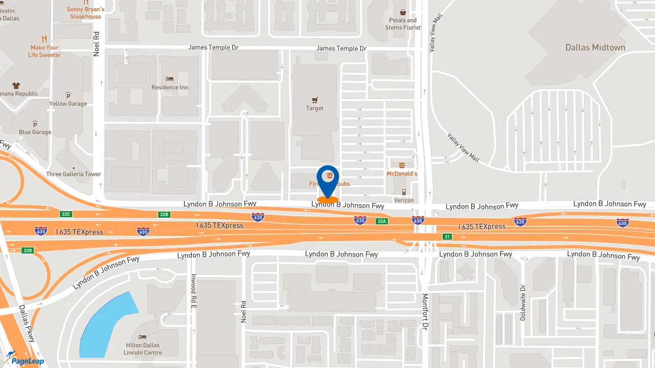https://pageleap.com map showing location of Firehouse Subs LBJ Freeway at the Galleria in Dallas.