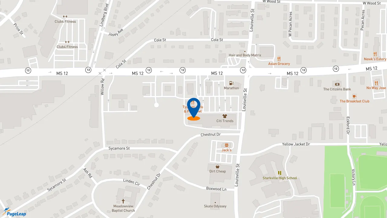 https://pageleap.com map showing location of Firehouse Subs Middleton Court in Starkville.