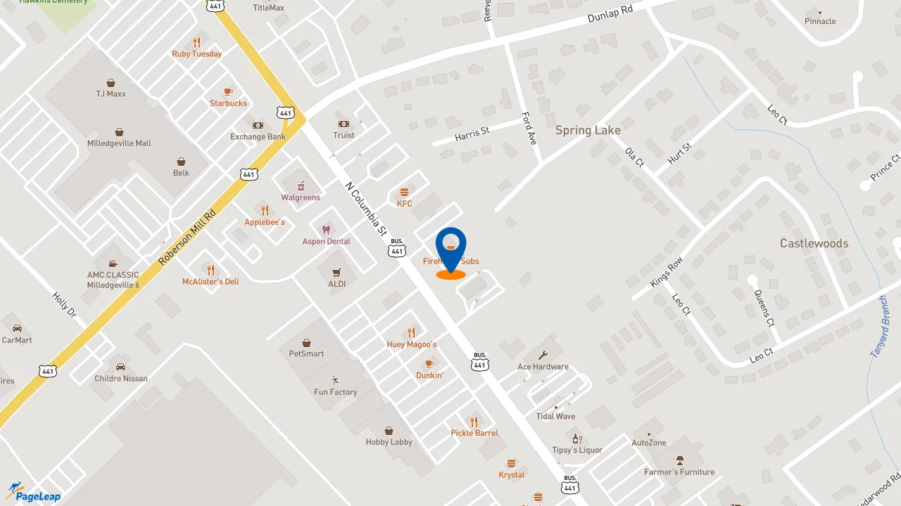 https://pageleap.com map showing location of Firehouse Subs Milledgeville in Milledgeville.