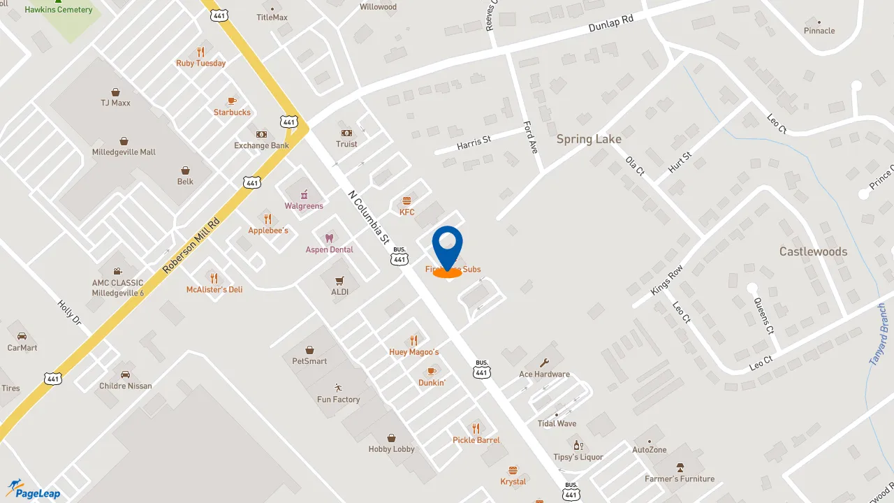 https://pageleap.com map showing location of Firehouse Subs Milledgeville in Milledgeville.