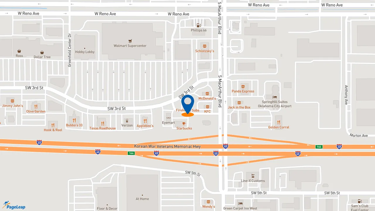 https://pageleap.com map showing location of Firehouse Subs N. MACARTHUR OKC in Oklahoma City.