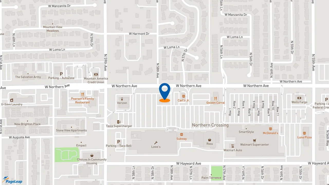 https://pageleap.com map showing location of Firehouse Subs Northern Crossing in Glendale.