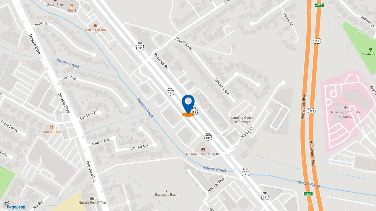 https://pageleap.com map showing location of Firehouse Subs Novato in Novato.