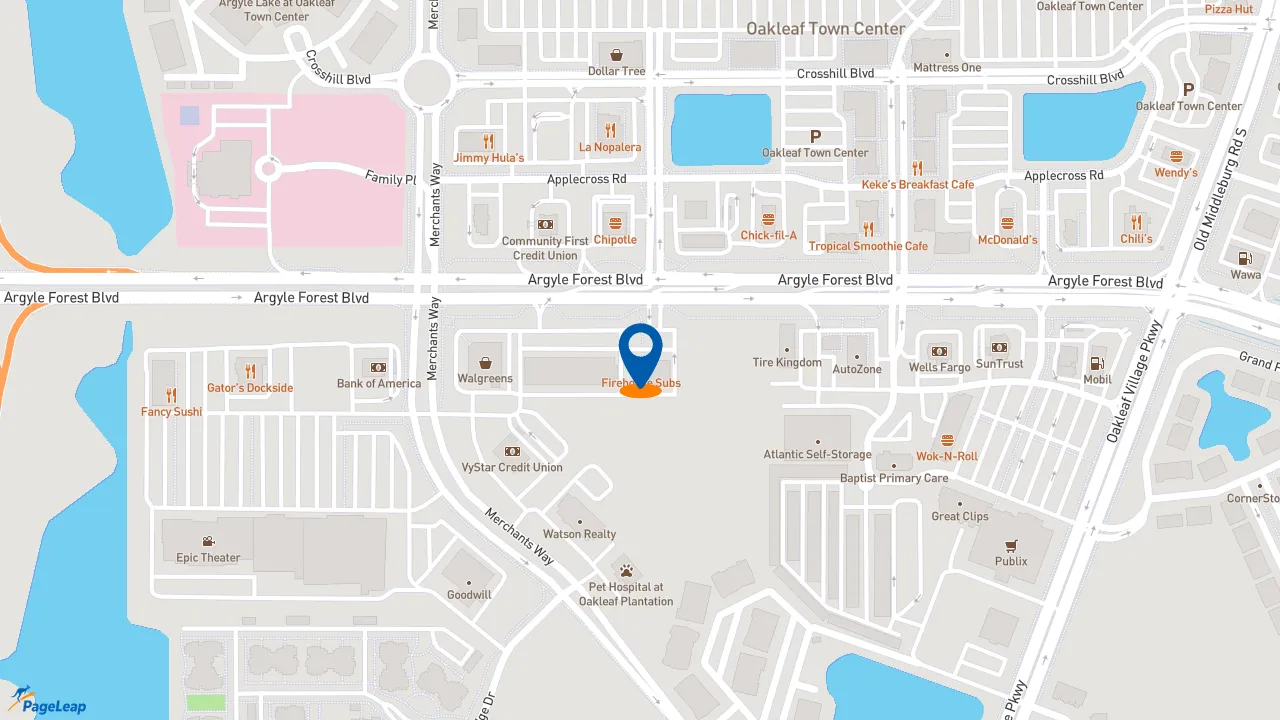 https://pageleap.com map showing location of Firehouse Subs Oakleaf in Jacksonville.