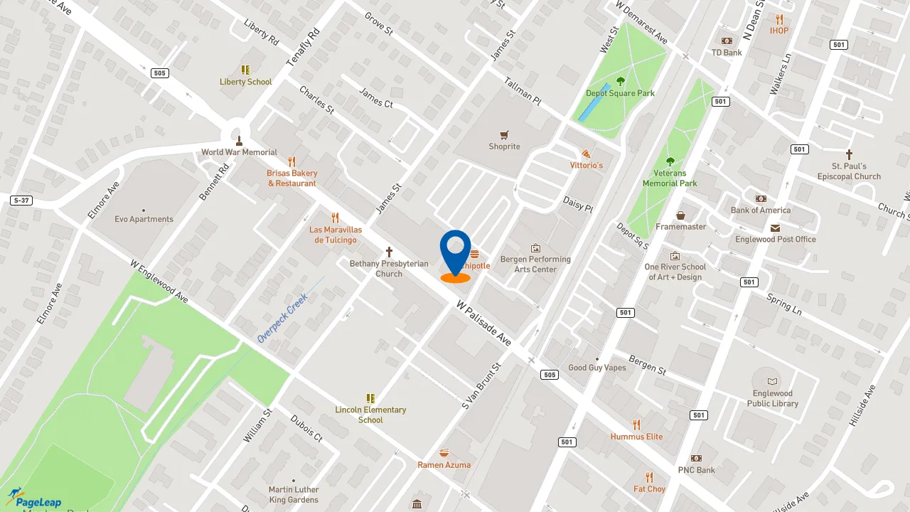 https://pageleap.com map showing location of Firehouse Subs Palisade Avenue in Englewood.
