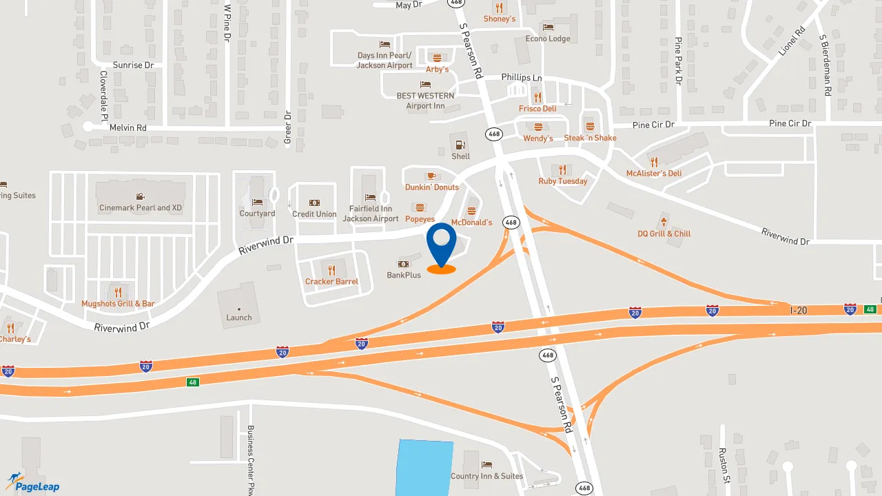 https://pageleap.com map showing location of Firehouse Subs Pearl Plaza in Pearl.