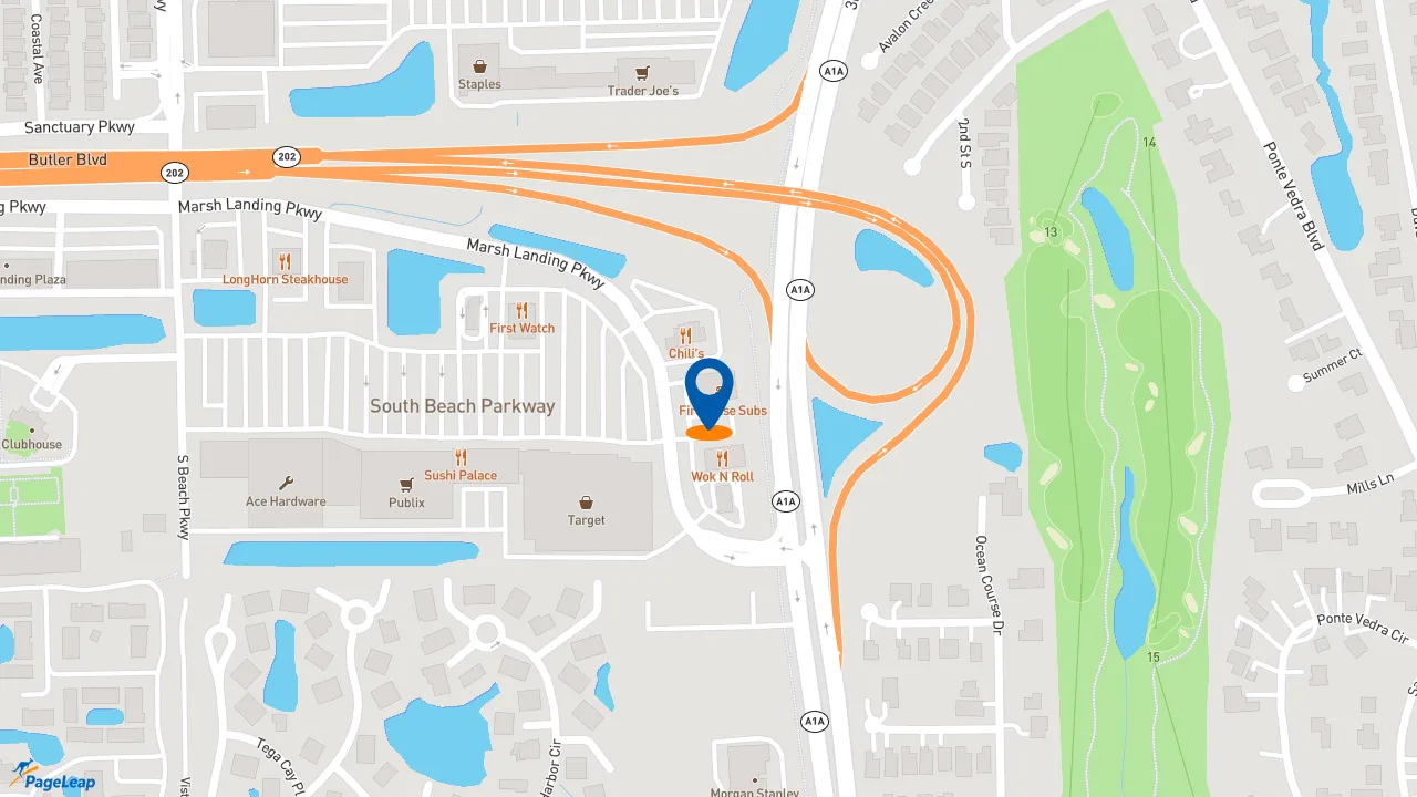 https://pageleap.com map showing location of Firehouse Subs Ponte Vedra in Jacksonville Beach.