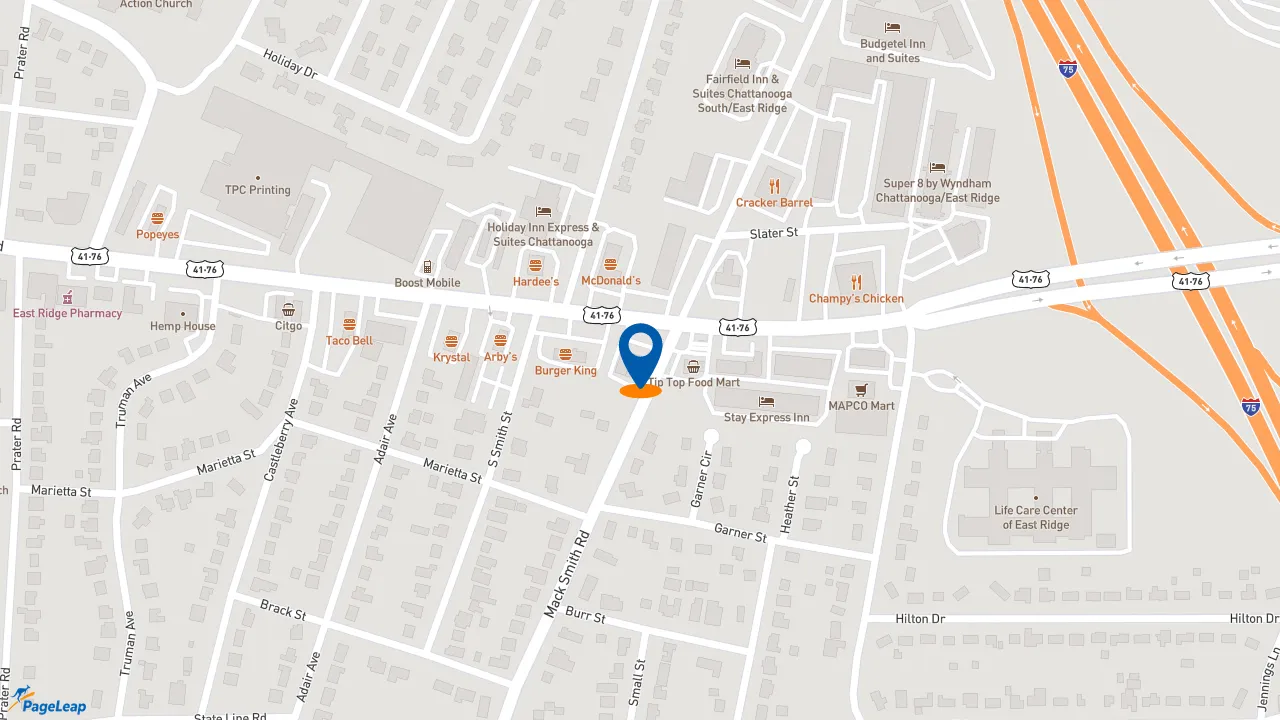 https://pageleap.com map showing location of Firehouse Subs Ringgold Rd in Chattanooga.