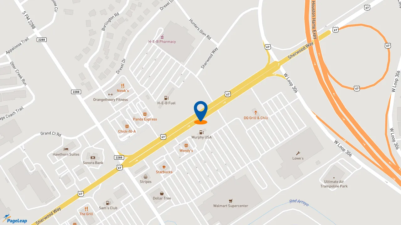 https://pageleap.com map showing location of Firehouse Subs Sherwood Way in San Angelo.