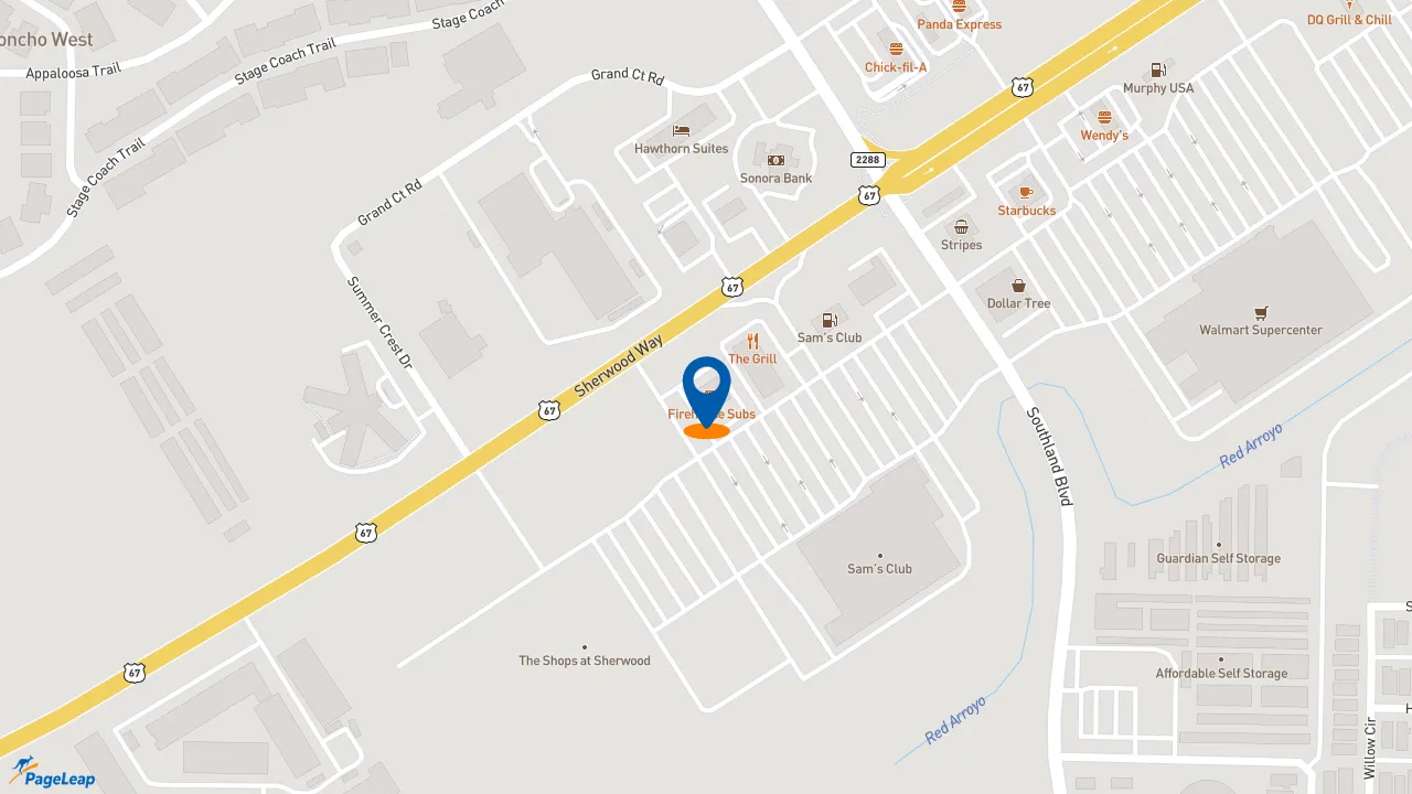 https://pageleap.com map showing location of Firehouse Subs Sherwood Way in San Angelo.