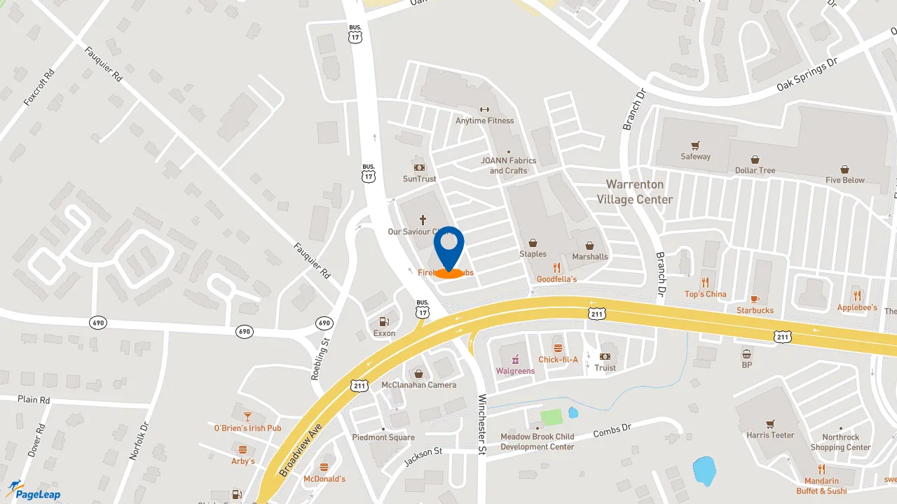 https://pageleap.com map showing location of Firehouse Subs Warrenton Shopping Center in Warrenton.