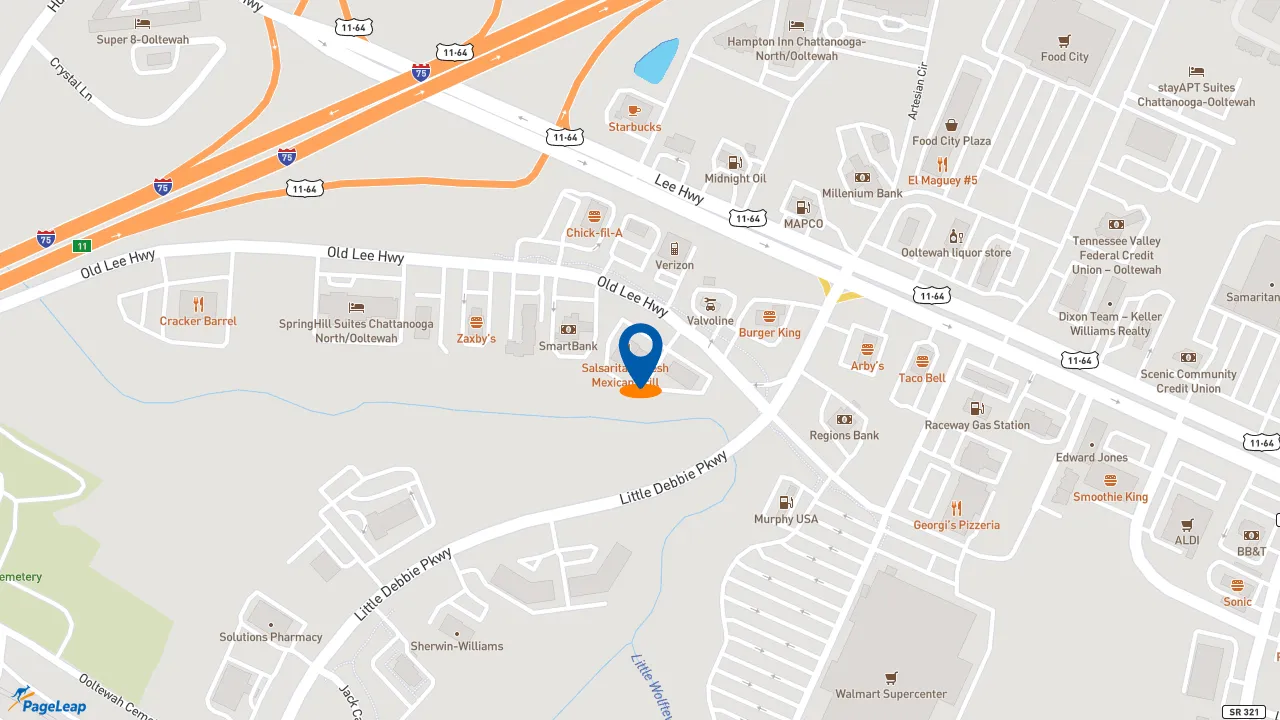 https://pageleap.com map showing location of Firehouse Subs Wolftever Crossing in Ooltewah.