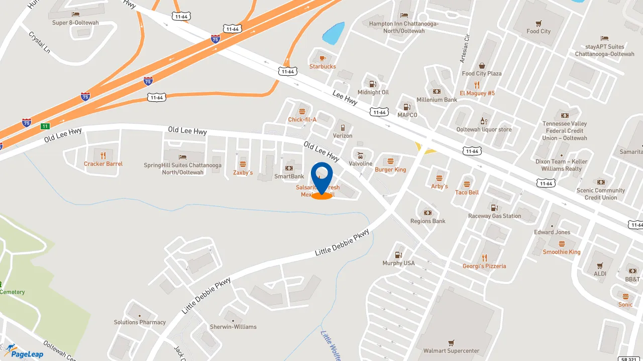 https://pageleap.com map showing location of Firehouse Subs Wolftever Crossing in Ooltewah.