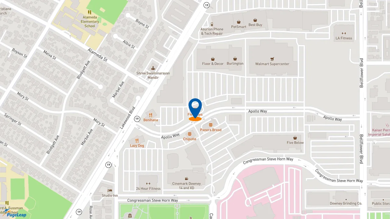 https://pageleap.com map showing location of Five Guys in Downey.