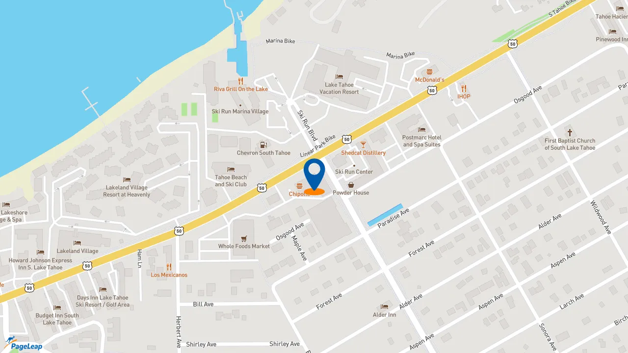 PageLeap.com map showing location of Five Guys in South Lake Tahoe.