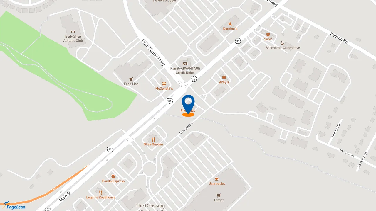 https://pageleap.com map showing location of Five Guys in Spring Hill.