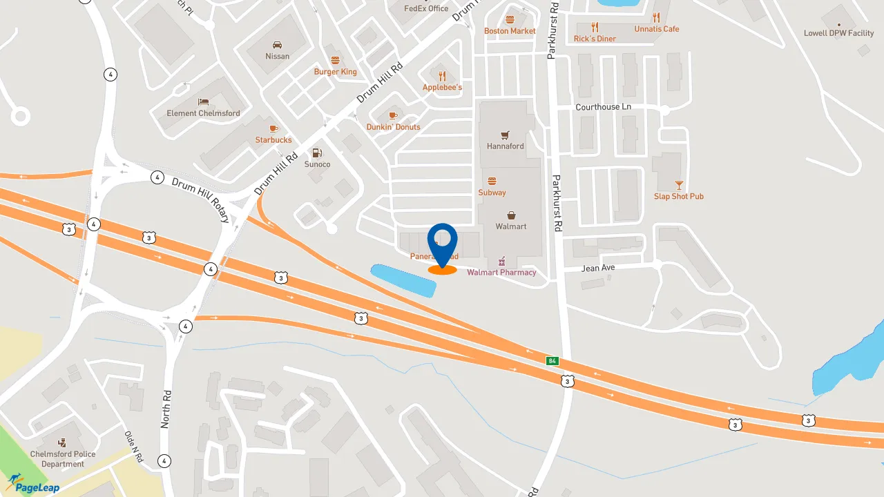 https://pageleap.com map showing location of Five Guys in South Chelmsford.