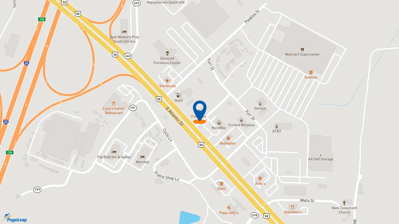 https://pageleap.com map showing location of Five Guys in South Hill.