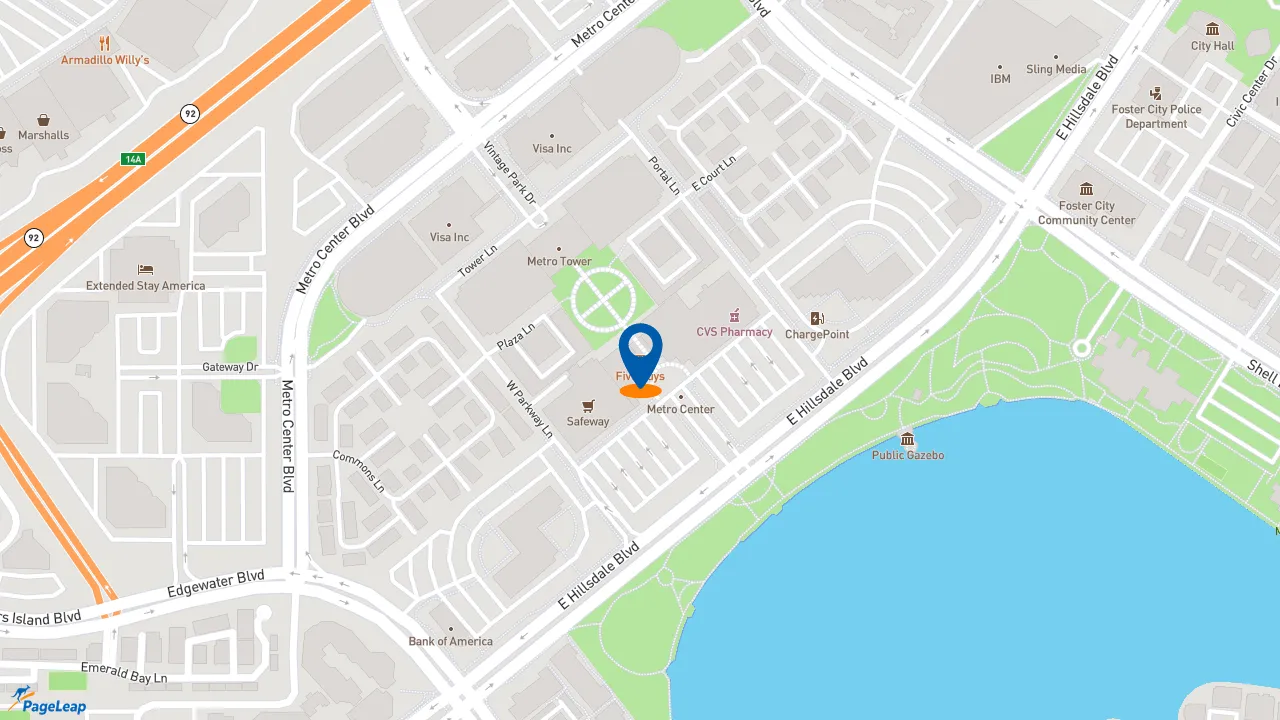 https://pageleap.com map showing location of Five Guys in Foster City.