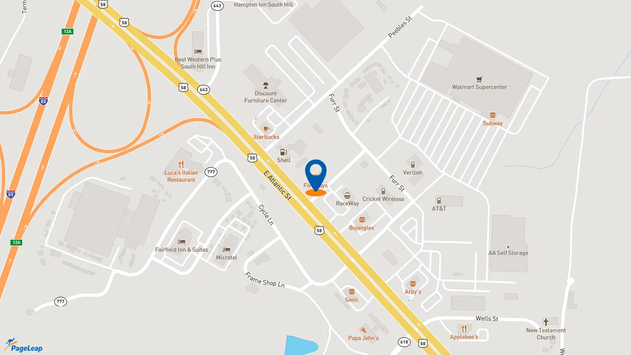 https://pageleap.com map showing location of Five Guys in South Hill.