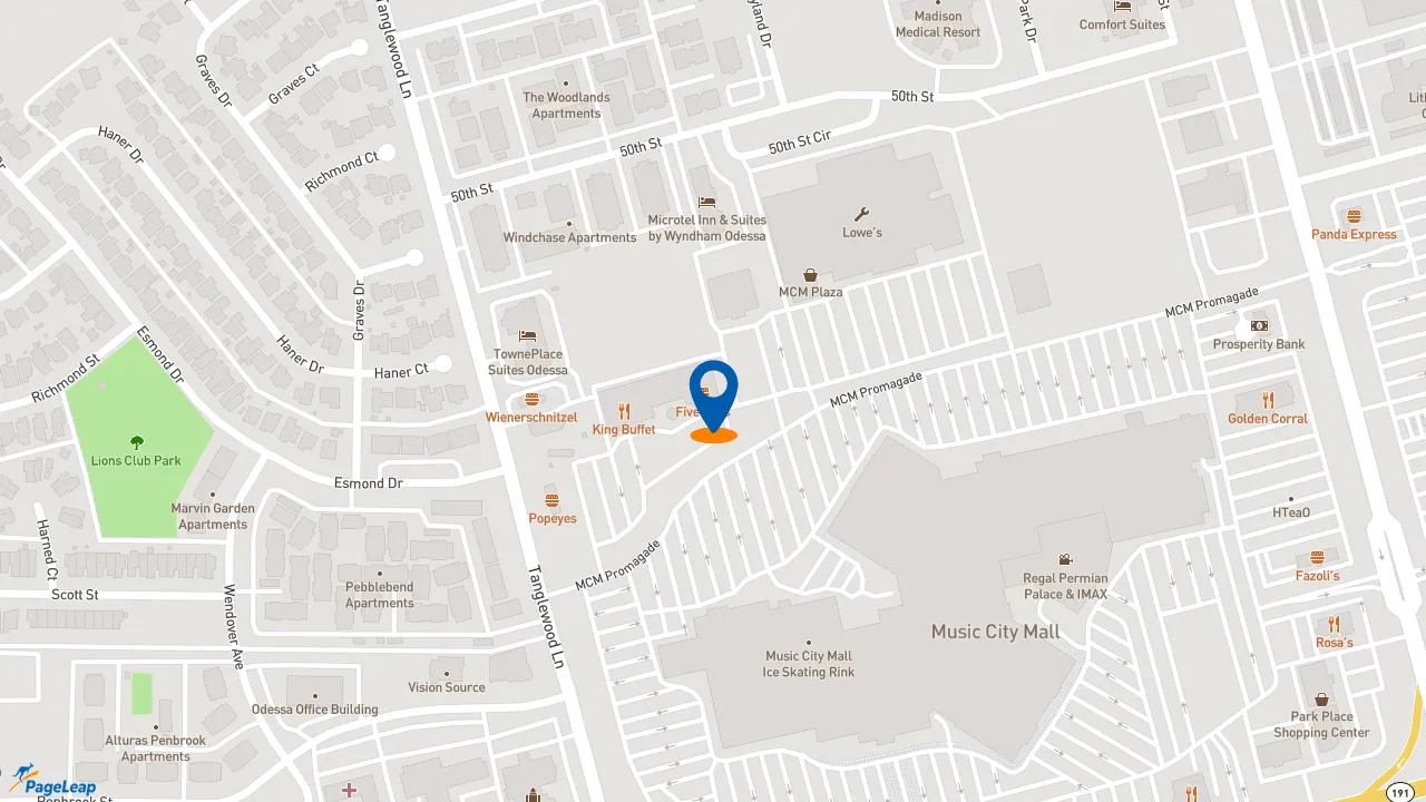 https://pageleap.com map showing location of Five Guys in Odessa.