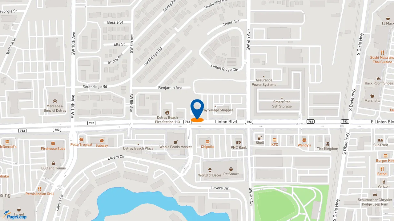 https://pageleap.com map showing location of Five Guys in Delray Beach.