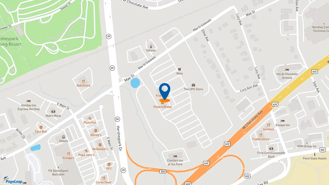 https://pageleap.com map showing location of Five Guys in Hummelstown.