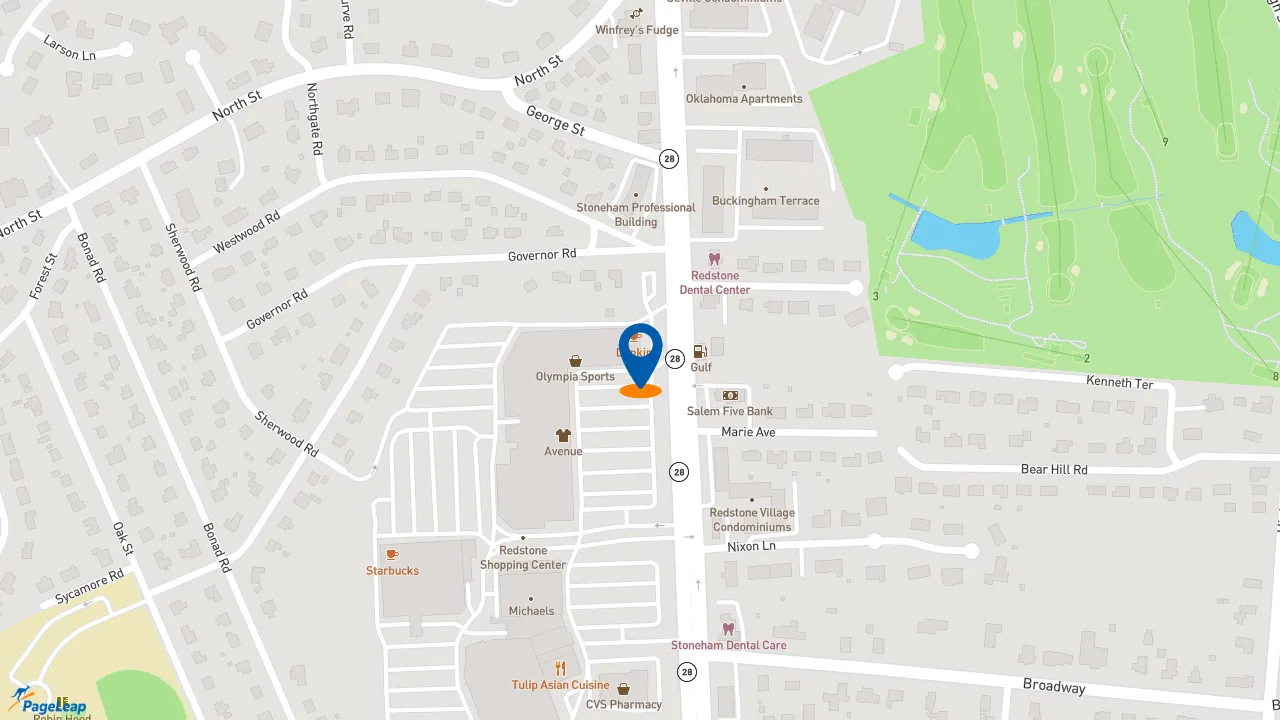 https://pageleap.com map showing location of Five Guys in Stoneham.