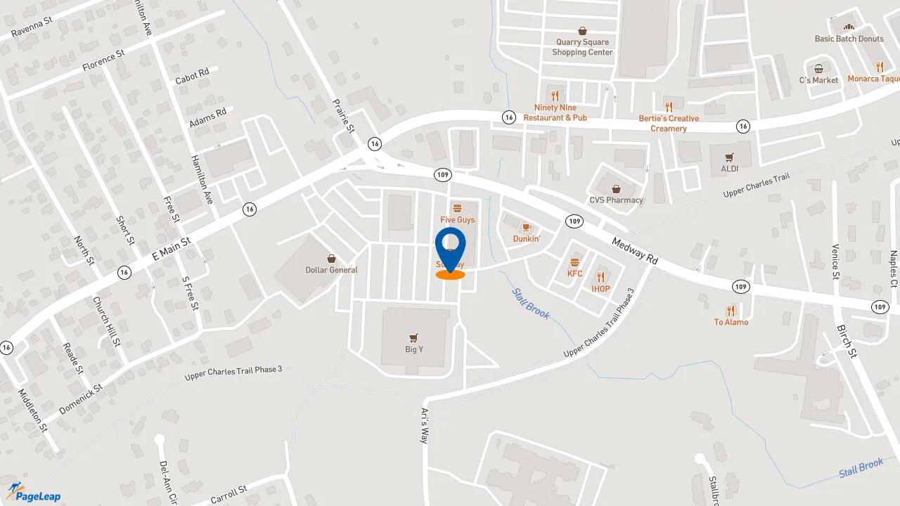 https://pageleap.com map showing location of Five Guys in Milford.