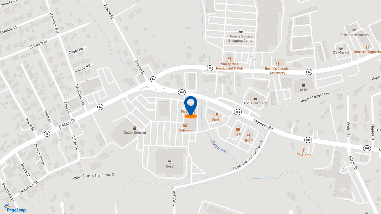 https://pageleap.com map showing location of Five Guys in Milford.