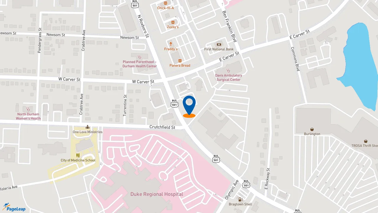 https://pageleap.com map showing location of Five Guys in Durham.