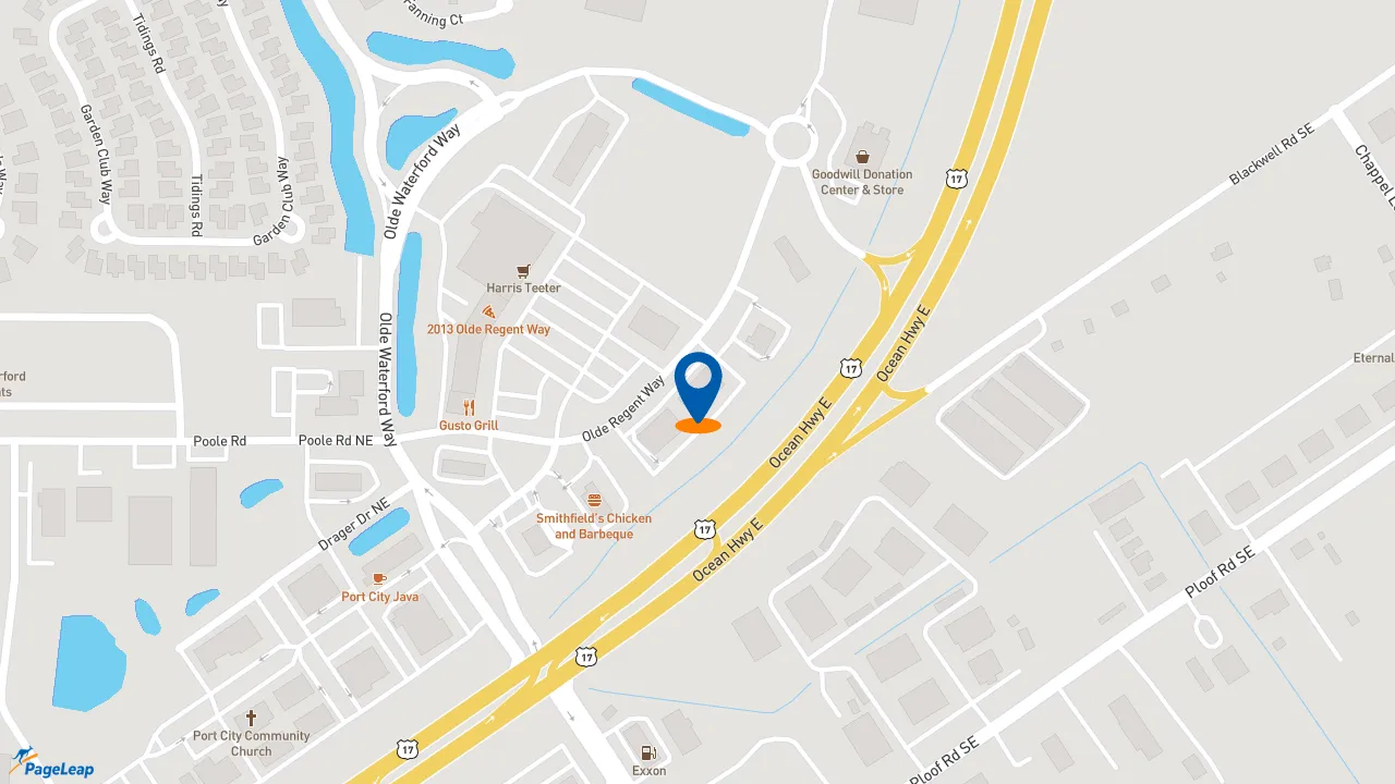 https://pageleap.com map showing location of Five Guys in Leland.