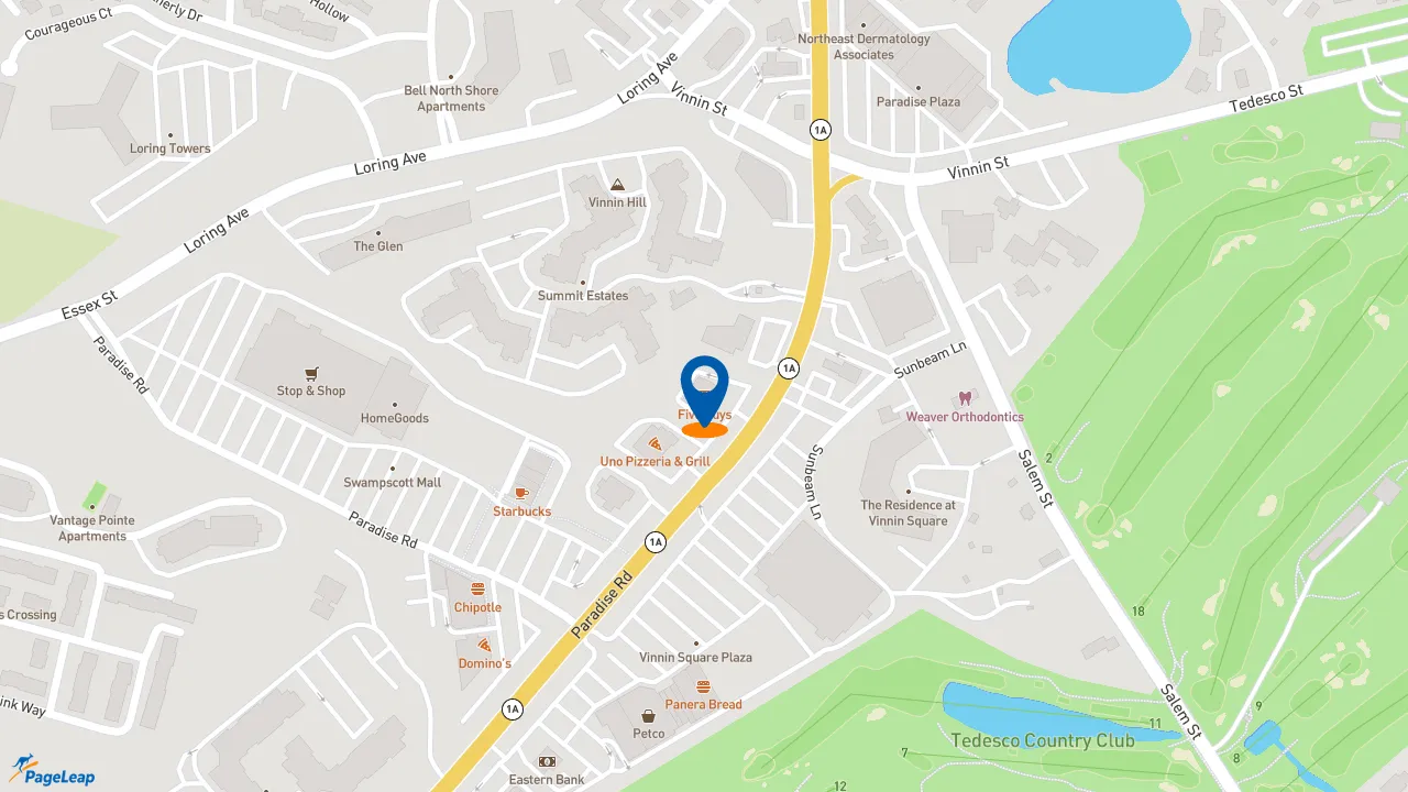 https://pageleap.com map showing location of Five Guys in Swampscott.