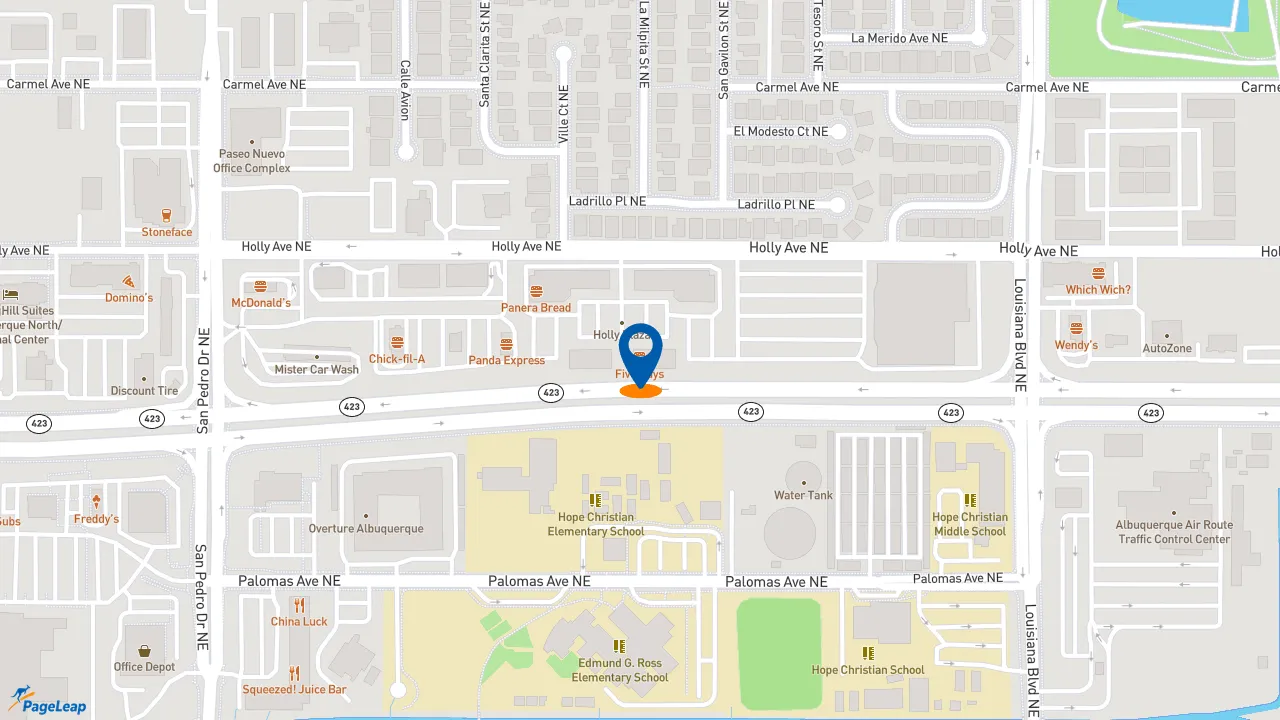 https://pageleap.com map showing location of Five Guys in Albuquerque.