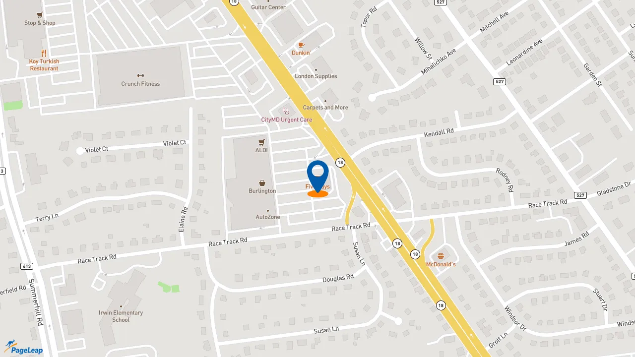 https://pageleap.com map showing location of Five Guys in East Brunswick.