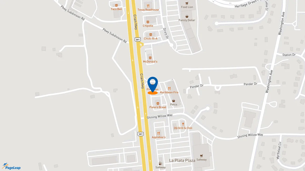 https://pageleap.com map showing location of Five Guys in La Plata.