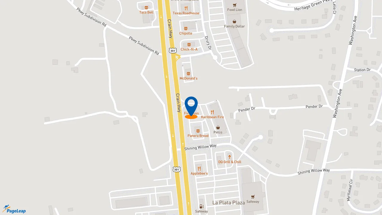 https://pageleap.com map showing location of Five Guys in La Plata.