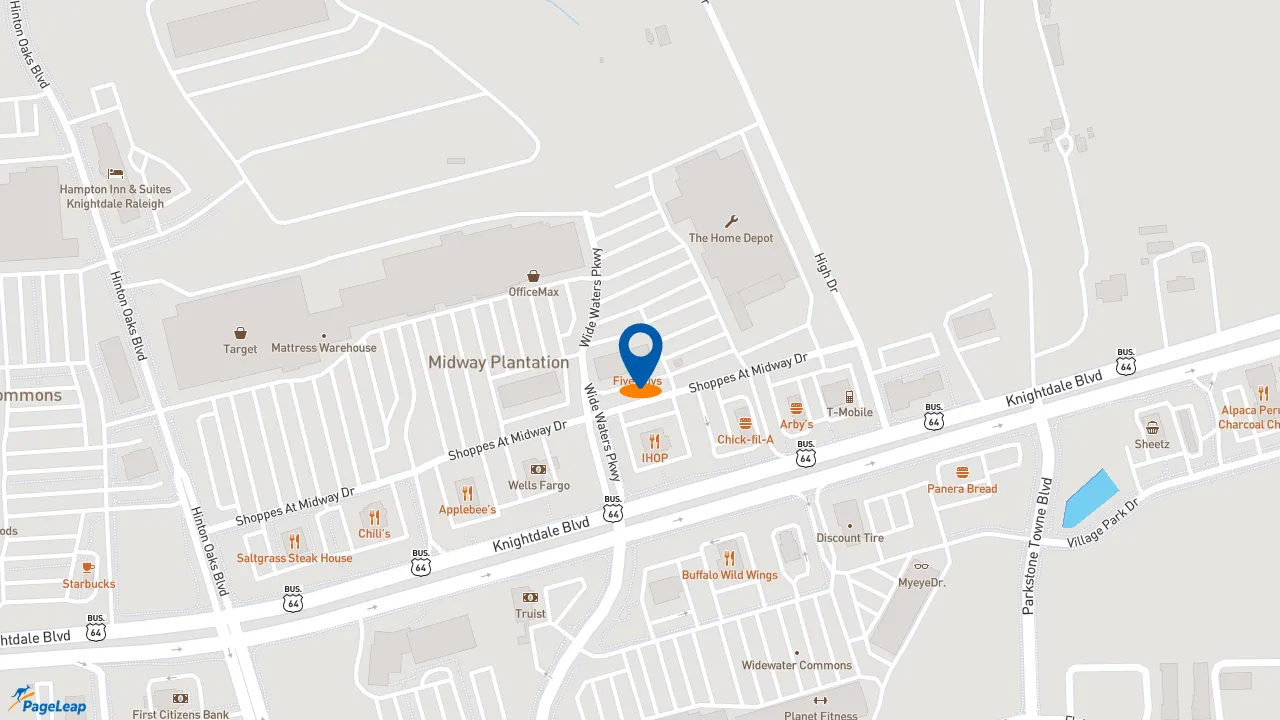 https://pageleap.com map showing location of Five Guys in Knightdale.