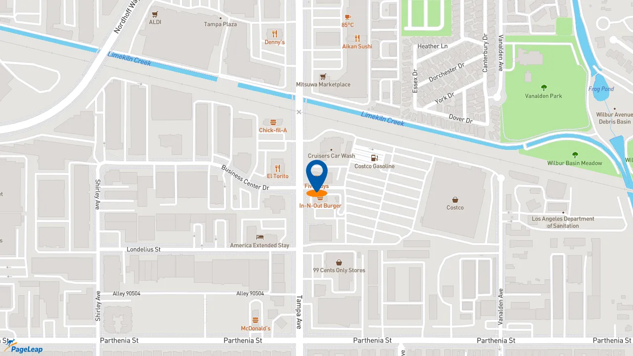 https://pageleap.com map showing location of Five Guys in Northridge.