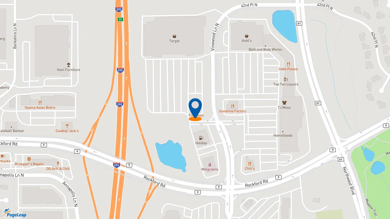 https://pageleap.com map showing location of Five Guys in Plymouth.