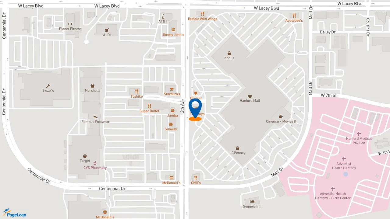 https://pageleap.com map showing location of Five Guys in Hanford.