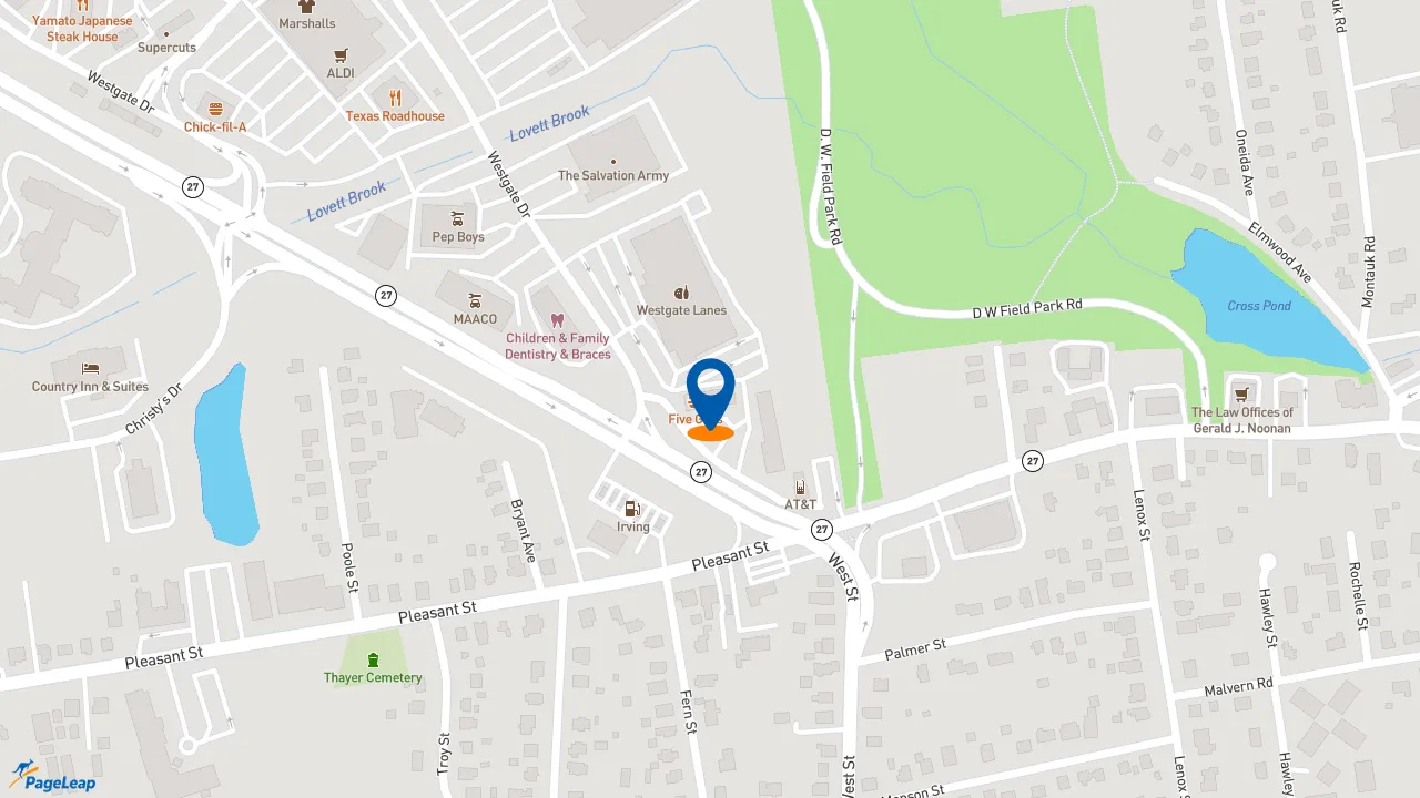 https://pageleap.com map showing location of Five Guys in Brockton.