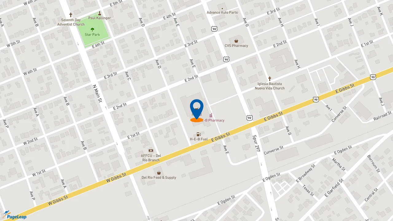https://pageleap.com map showing location of Flaming Bird By H-E-B in Del Rio.